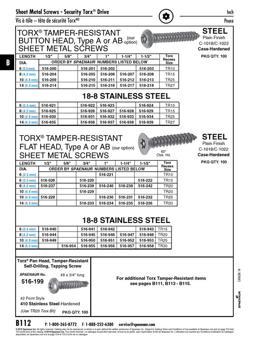 Tamper-Resistant Tapping Screw, Button Head Torx TR25 Drive, #10 x 1/2" Length, Stainless Steel 18-8, Type A or Type AB