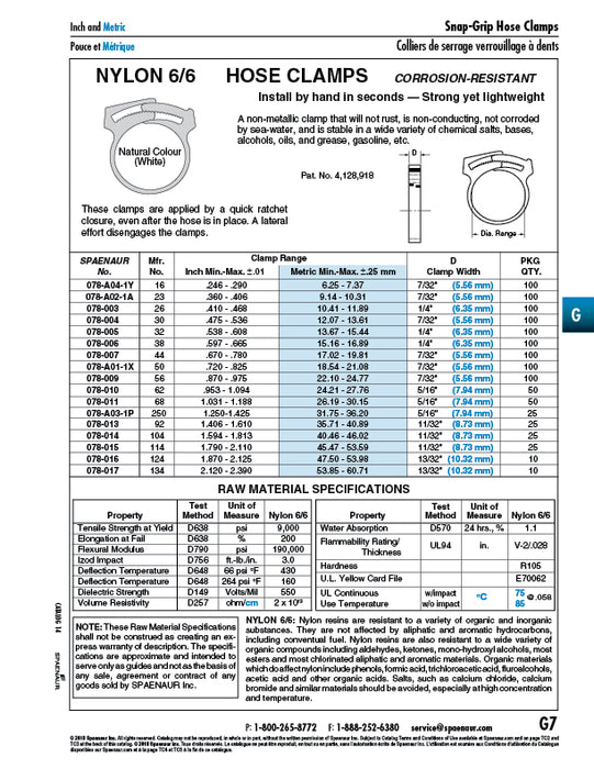Snap-It Hose Clamps Range .475"-.536" x .220" Width 12.07mm-13.61mm x 5.58mm Width Nylon 6/6 Natural
