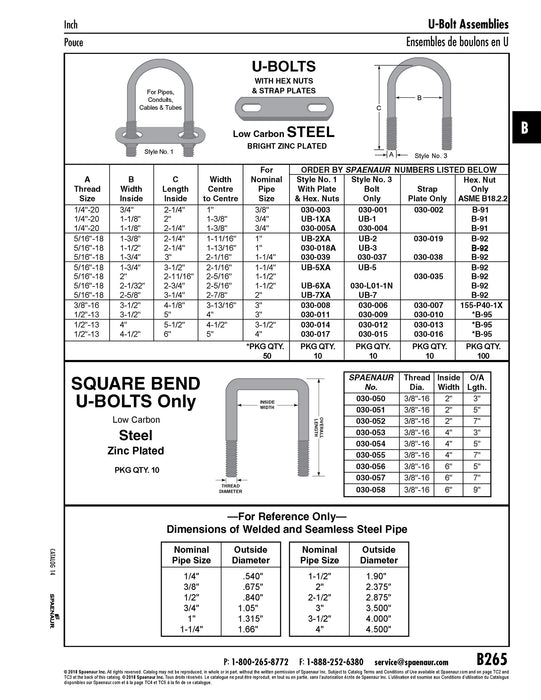 U-Bolt Only, (No Nuts, No Plate) 5/16"-18 Thread, for Pipe Size 2" Steel Zinc Plated
