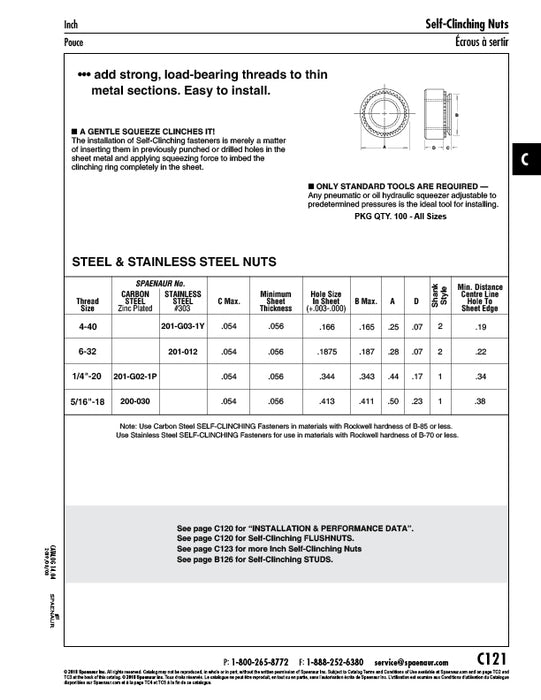 Écrou autobloquant n° 4-40 x 0,056 po Épaisseur minimale de la feuille 303 Acier inoxydable lisse par Spaenaur Inc.