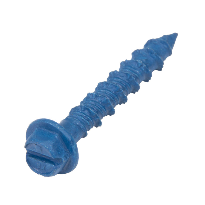 Vis d'ancrage pour béton Tapcon, empreinte fendue, tête hexagonale à rondelle, filetage Hi-Lo, diamètre 1/4" x longueur 1-3/4", acier C1022 bleu CLIMASEAL® de Tapcon®