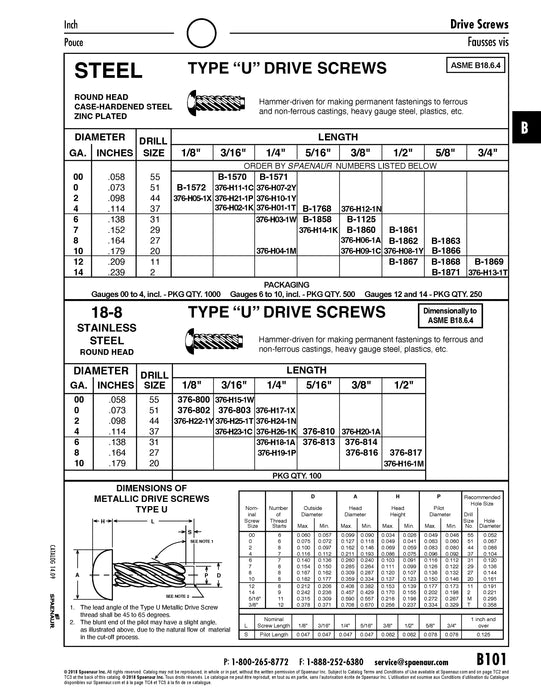 Vis à tête ronde de type U, calibre n° 4 (0,114") x longueur 5/16", acier inoxydable, ASME/ANSI B18.6.4