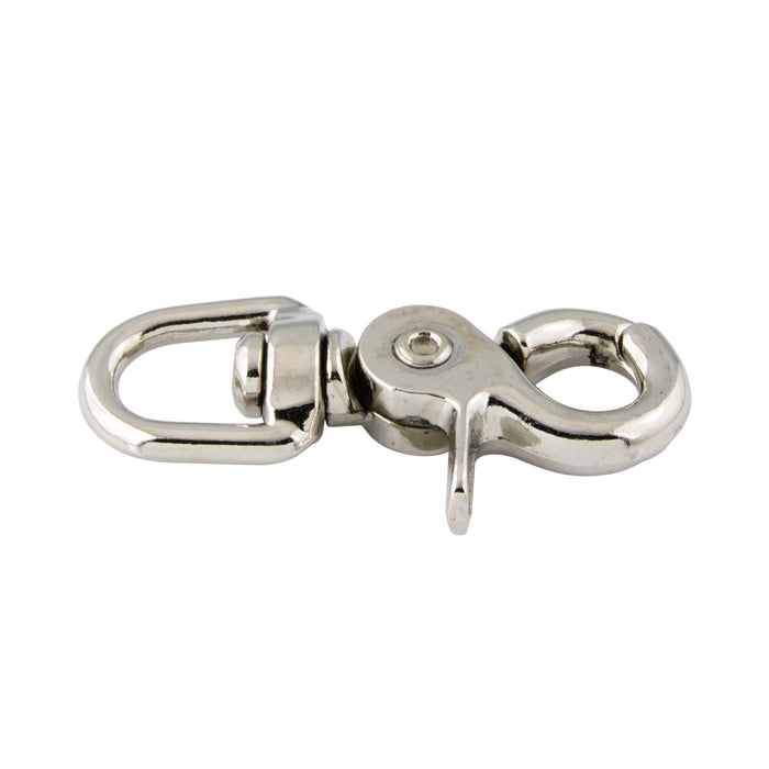 Mousqueton à goupille, œillet rond pivotant 3/8 po, longueur totale 2 3/8 po, ouverture 3/8 po, moulé en zinc, nickelé par Spaenaur Inc.