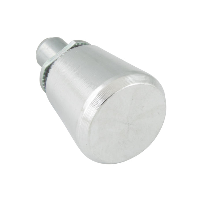 Piston à ressort, à visser, sans fonction de maintien en position ouverte. Bouton de 13,5 mm de diamètre extérieur, goujon de 4,6 mm de diamètre. Bouton en aluminium brillant, goujon en acier zingué par SouthCo.