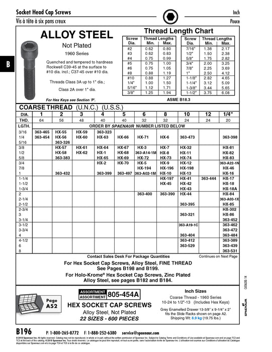 Hex Socket Cap Screw 1960 Series #10-24 UNC x 1 1/4" Alloy Steel Quench & Temp Plain ANSI B18.3-1986