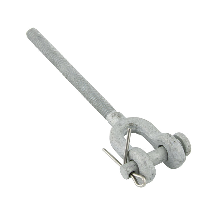 Jaw Fitting, Left Hand Thread W/ Clevis & Cotter Pin 5/8"-11 UNC x 4-1/2" LG, 6" Take Up 1030 Steel Drop forged Hot Galvanized