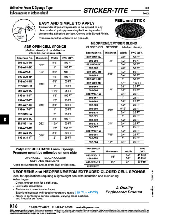 Sticker-Tite Self Sealing Sponge Weatherstrip, Adhesive One Side 3/16" TH x 3/4" Wide x 50Ftroll Neoprene/Ept/Sbr Blend Black Medium Density