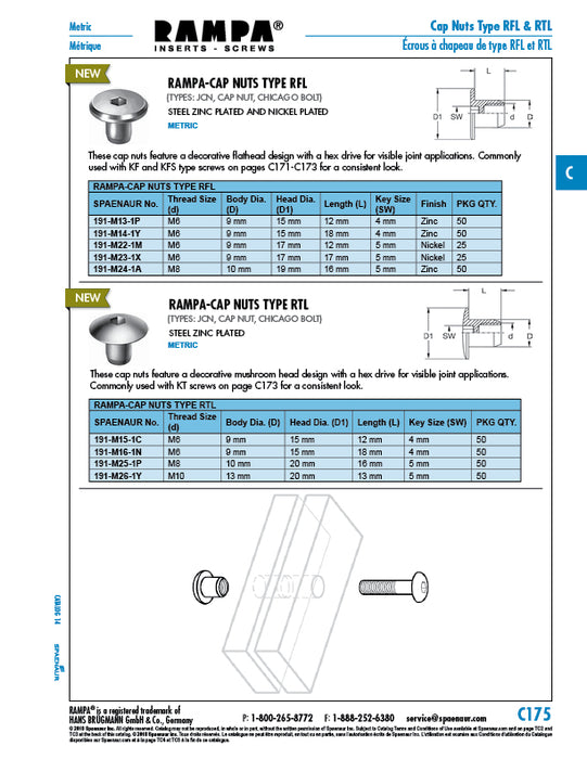 Rampa® Cap Nut Type RTL, 5 mm Hex Drive, M8, 20 mm Head Diameter(Mushroom Head), 10 mm Body Diameter x 16 mm Length Under Head, Steel Zinc Plated