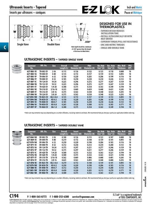 Insert court conique à ultrasons 1/4-20 UNC x 0,300 po de longueur en laiton E-Z Lok # Th-420-Sv