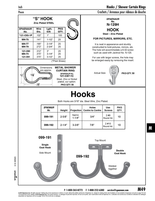 "S" Hook .160" Wire DIA x 1-7/8" O/A LGTH x 5/8" ID x 1/4" Opening C1008 Steel, Zinc Plated, Trivalent Clear Chromate by Spaenaur Inc.