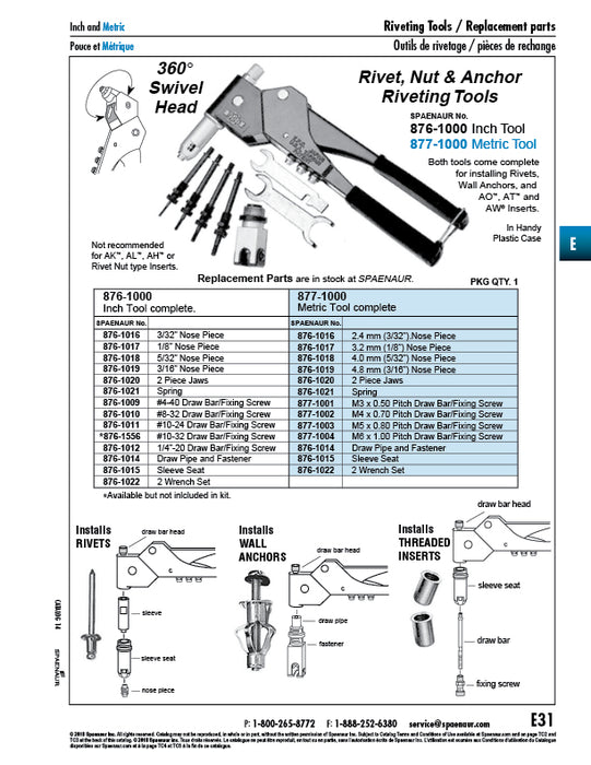 Draw Bar & Fixing Screw for Rivet Tool #876-1000 #10-32 UNF Steel