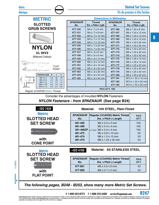 Slotted "GRub" Set Screw, Flat Point, Headless M5 x 0.80 Pitch x 10mm LG Nylon 6/6 Natural Finish