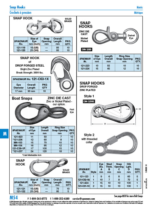 Boat Snap, Fast Eye 16 mm Eye,85 mm Oal,12 mm Snap Opening Zinc Die Cast, Nickel Plated