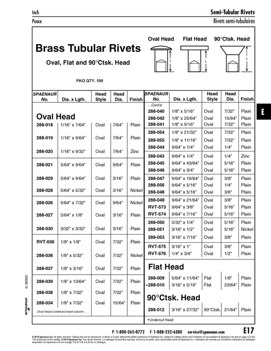 Oval Head Tubular Rivet 9/64" x 1/4" L (1/4" Head DIA) Brass