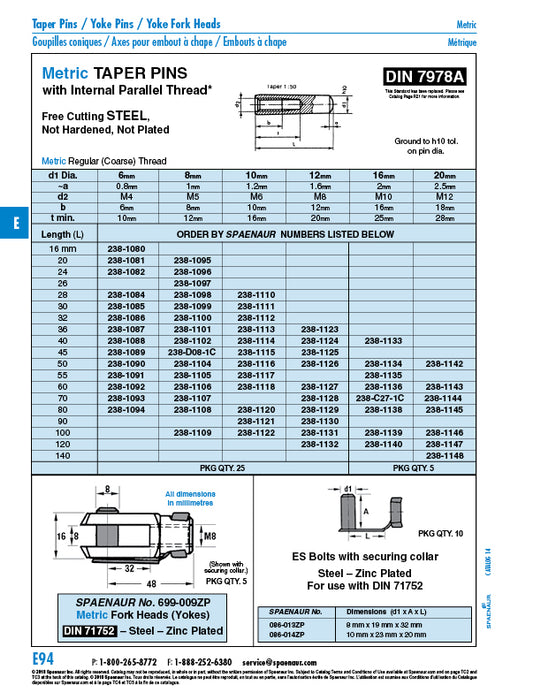 Taper Pin with Internal M10 Thread 16mm DIA x 50mm O/A LG Steel, Plain (Ground) DIN 7978A/ST 16X50