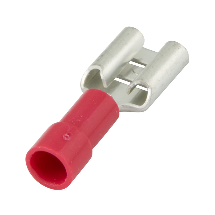Copper Female Tab Socket, Solderless, Insulated 1/4" F.Q.D., 22-18 GA. Wire Electrolytic Copper, Bright Tin Plate, Red Plastic Insulation