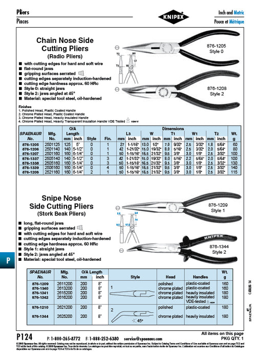 Chain Nose Side Cutting Plier Straight Jaws 125mm (5") LGTH Tool Steel, Polished Head Plastic-Coated Handles by Spaenaur Inc.