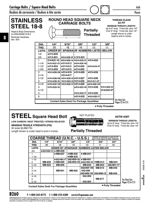 Machine Bolt Square Head (No Nut) 5/16"-18 UNC x 1 1/2" LG Low Carbon Steel ASTM A307 Plain Finish