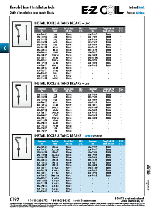 E-Z Coil Tang Breakoff Tool 1-3/8-12 UNF for Use In Metal Use with Internal Threads: 7/16, M11 by Spaenaur Inc.