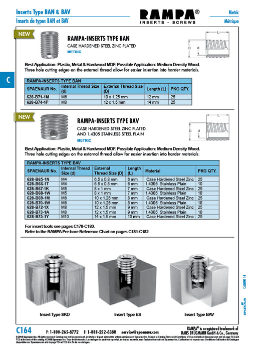 Rampa Insert Type Bav, with 3-Hole Cutting Edges At External Thread, 8mm OD x 7mm LGTH, M5 Internal Thread, Stainless Steel 1.4305