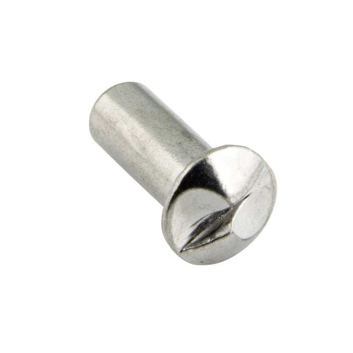 Sleeve Nut Oval Countersunk Slot HD #8-32 UNC x 3/8" L, x 11/32" Head DIA x 1/4 Bar DIA Brass, Nickel Plated tolerances: Overall Length: 13/32" +/-.015" Barrell DIA. : 1/4" +/-.005" Tap Depth 1/4" Minimum Slot: .040" Wide +/-.015" x .030" Deep