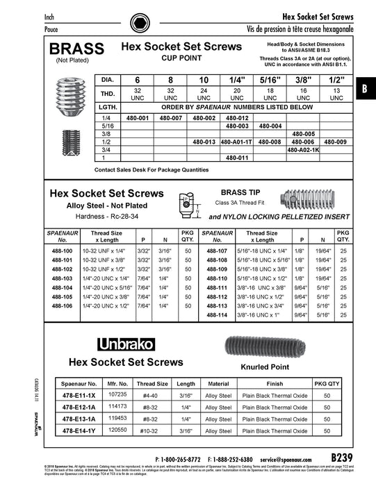 Hex Socket Set Screw with Brass Tip & Nylon Pellet Insert 5/16"-18 UNC x 3/8" LONG Alloy Steel by Spaenaur Inc.