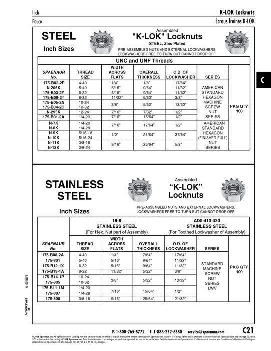 K-Lok Hex Nut W/External tooth Lockwasher 10-32 UNF x 3/8" AF x 5/32" O/A THK 18-8 Stainless Steel