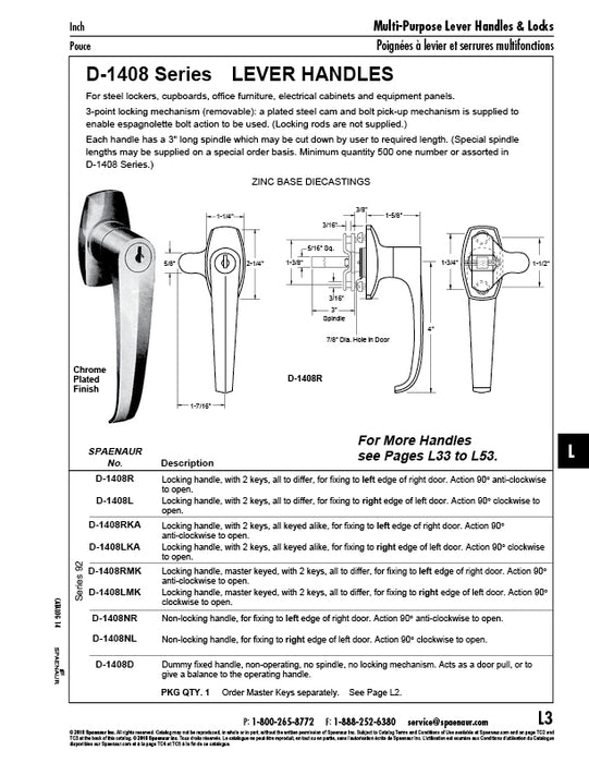 Locking L Handle, Master Keyed, Keyed to Differ, Fix to Right Edge Of Door, 90 Degree CLockwise Die-Cast Chrome Plated by Spaenaur Inc.