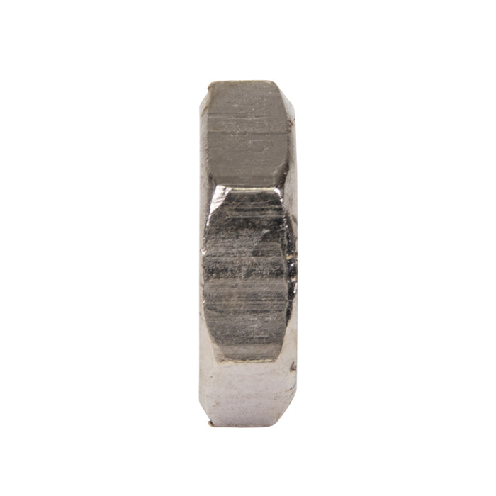 Écrou hexagonal bas, DIN 439B M6 x 1,00, 10 mm WAF, 3,2 mm TH CL4 Acier forgé à froid Nickelé DIN 439B/04-NP M6 par Spaenaur Inc.