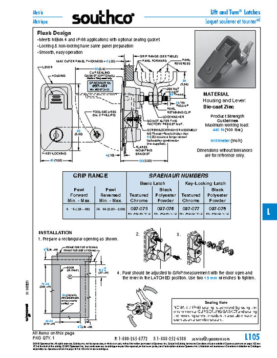 Lift & Turn Compression Latch Basic Model Flush Style Medium Size 6mm-16mm Grip Range (Pawl forward) Die-Cast Zinc, Black Powder Coat
