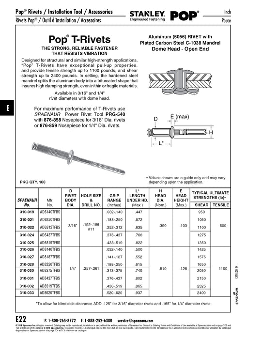 Rivet en T à tête bombée ouverte 3/16 po de diamètre x 0,572 po de longueur 5056 Corps en aluminium mandrin plaqué en acier au carbone