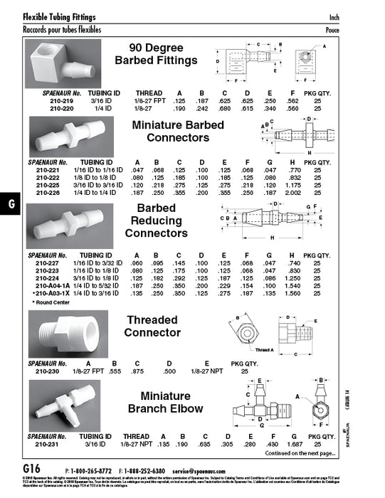 Miniature Barbed Connector 1/4" to 1/4" Tubing ID Nylon