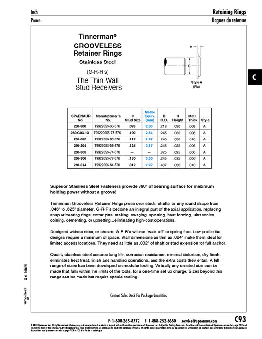 Style A Thin-Wall Stud Receiver .117 Stud x .245 OD. x .010 TH. 300 Series Stainless Steel Plain by Spaenaur Inc.