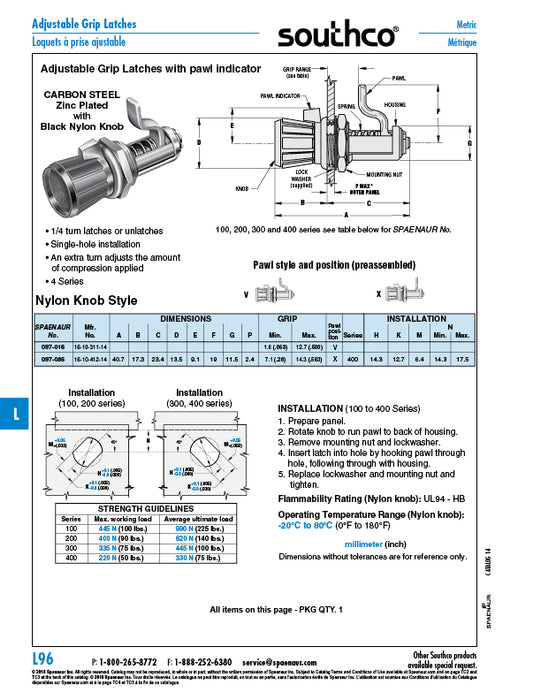 Loquet à poignée réglable série 300 Bouton en nylon noir 2,16 po de long x plage de préhension de 0,063 à 0,500 po Acier zingué par Spaenaur Inc.