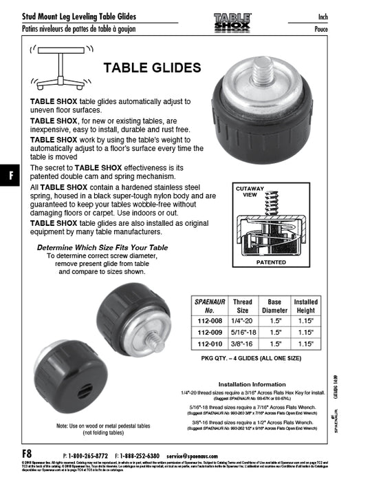 « Table Shox » Patin de table 1/4 po-20 UNC x 0,300-0,350 po Goujon LGTH 6-100 lb Charge par patin Corps en nylon, goujon en acier Zinc PLTD par Spaenaur Inc.