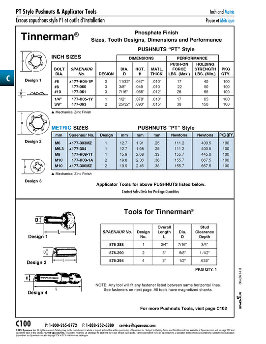Pushnut Bolt Retainer, Round Type, Style Pt, Design 3 for #8 DIA Bolt, 3/8" OD, .010" THK Steel, Phosphate Finish Tinnerman #Pt164006Pg