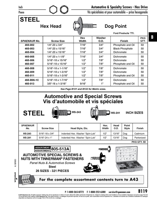 Machine Screw, Hex Head, Unslotted Drive, 5/16"-18 UNC x 1-3/16" Length, Steel Zinc Plated Dichromate by Spaenaur Inc.
