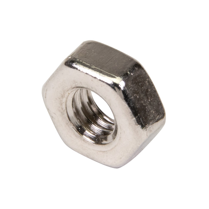 Écrou hexagonal bas, DIN 439B M6 x 1,00, 10 mm WAF, 3,2 mm TH CL4 Acier forgé à froid Nickelé DIN 439B/04-NP M6 par Spaenaur Inc.