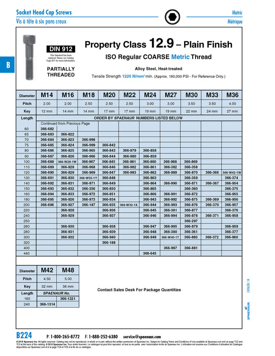 Hex Socket Cap Screw, DIN 912 M18 x 2.50 x 200 LG, Partial Thread CL 12.9 Steel Plain DIN 912/12.9/Part M18X200