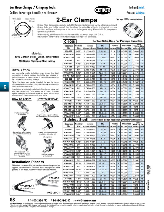 Collier de serrage à 2 oreilles 1-5/8" (plage de 1,480" à 1,693") Largeur 0,394", épaisseur du matériau 0,0591" Largeur intérieure de l'oreille 0,3346" Acier C-1008 zingué