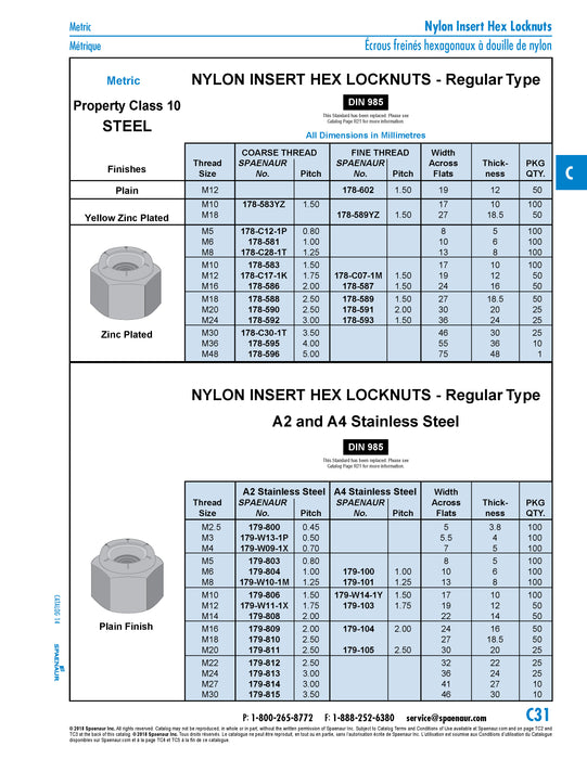 Nylon Insert Hex Locknut, DIN 985 M12 x 1.50 Fine Pitch CL 10 Steel Trivalent Zinc Plated DIN 985/10-ZP/Fine M12X1.50
