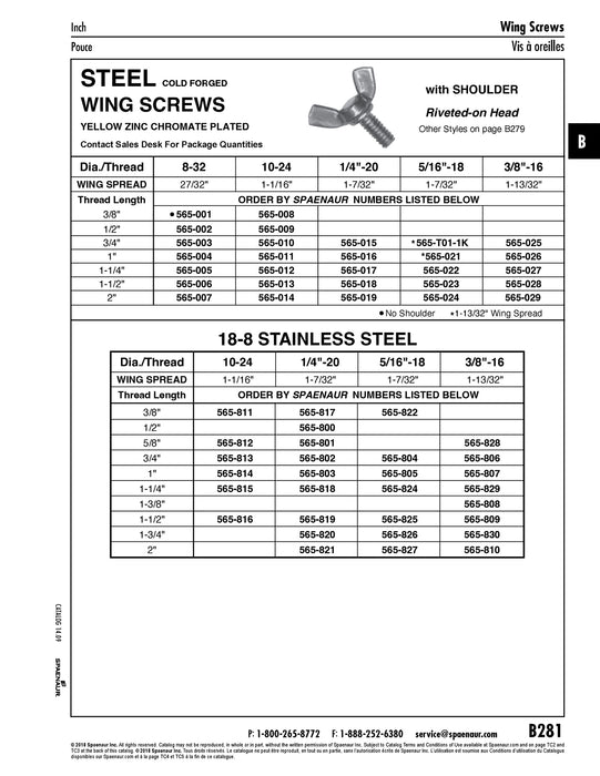 Wing Screw W/Shoulder & Riveted-On Head 3/8"-16 UNC x 1 3/8' LONG 305 SS