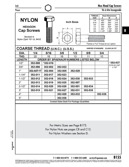 Hex Head Cap Screw 3/8"-16 UNC x 5" Nylon 6/6 Natural Colour Partial Thread by Spaenaur Inc.
