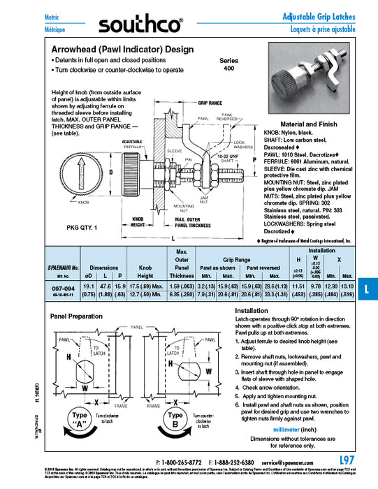 Arrowhead Latch Series "400" "D" Dimension 19.1 x L 47.6 Carbon Steel, Zinc Plated by Spaenaur Inc.