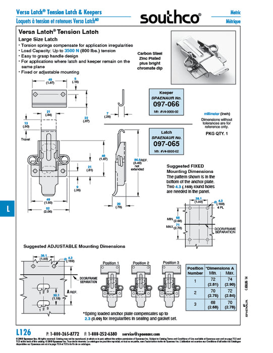 Plaque de fixation pour série 800 « Versa Latch » 1,87 po x 0,870 po en acier zingué par Spaenaur Inc.
