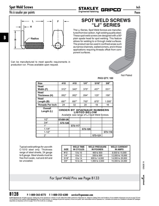 Spot Weld Screw, 90 Degree Plain Spade Head #10-24 UNC x 3/4" LONG C-1010 Steel Plain Finish