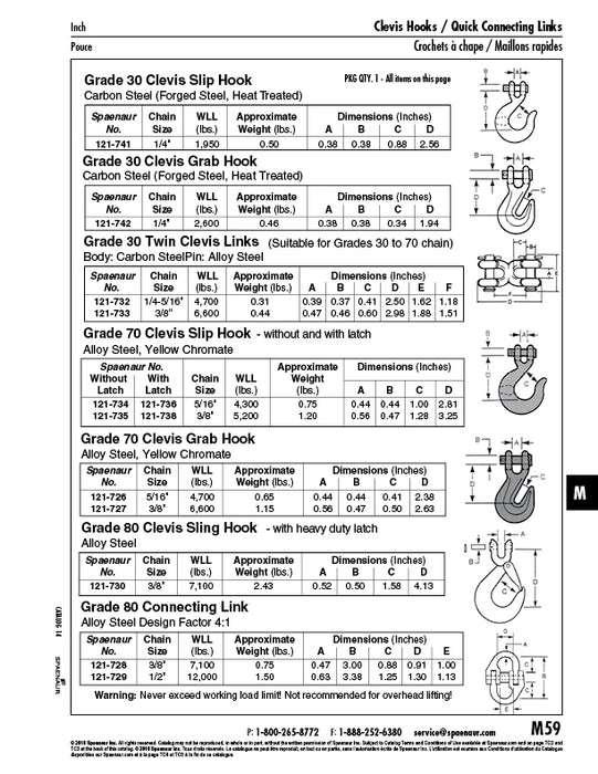 3/8" Twin Clevis Link Suitable for Grade 30,40 & 70 Chain Load Capacity 6,600 Lbs. Body: C-1045 Carbon Steel Pin: Alloy Steel