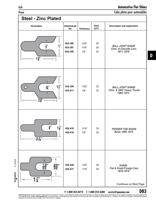 Shim, Ball-Joint, 1 3/4" LG x 1" W., 1/8" Thickness, 1/2" Slot Width Low Carbon Steel Zinc Plated