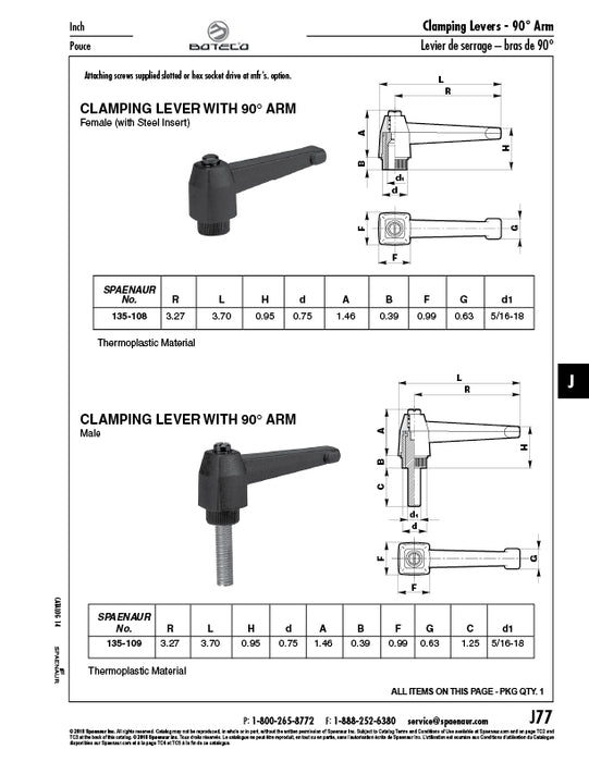 Clamping Lever with 90 Degree Arm, Male Thread 3.70" Length, 5/16"-18 x 1-14" Stud 3.10" Overall Height Thermoplastic Material Black by Spaenaur Inc.