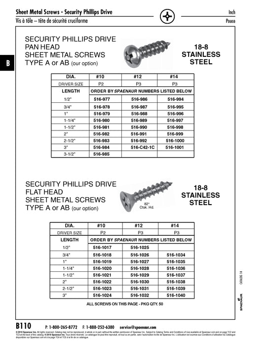 Tapping Screw, Pan Head Security Phillips Drive, Type A, #10 x 1/2" Length, Stainless Steel
